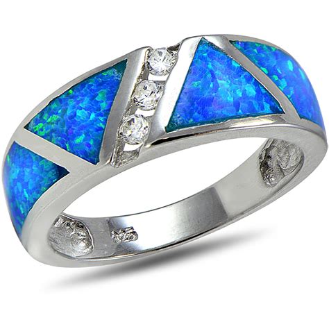 Created Blue Opal And Cz Sterling Silver Band Ring