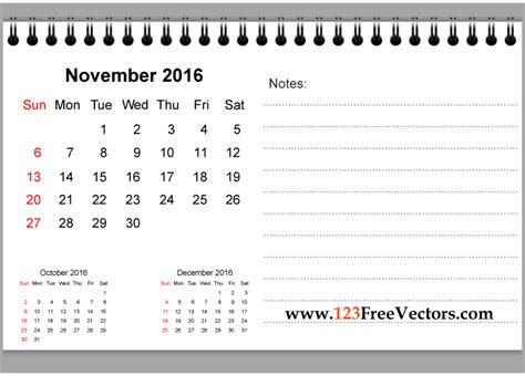 November 2016 Printable Calendar With Notes Download Free Vector Art