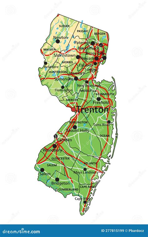 Detailed New Jersey Physical Map With Labeling Stock Vector