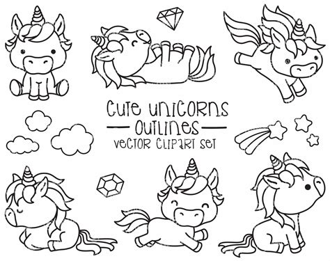 Premium Vector Clipart Kawaii Unicorns Outlines Cute Etsy Kawaii