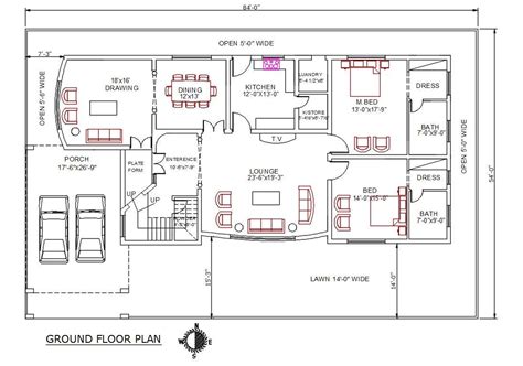 West Facing 54 X 84 House Ground Floor Plan Autocad File Cadbull