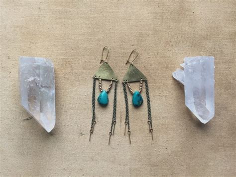 Teardrop Turquoise And Brass Fringe Earrings By AVILLAjewelry