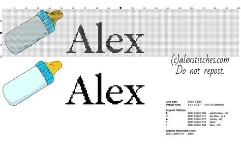 This bands in the free read my tea leaves cross stitch pattern were inspired by the tea leaf quilt block pattern. Cross stitch name Alex with a light blue feeding bottle ...
