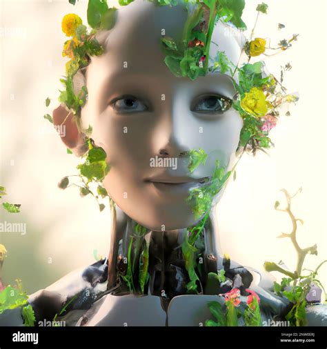 Beautiful Female Teen Android Portrait With Greenery And Flowers Around