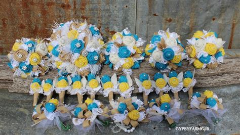 Turquoise And Yellow Burlap And Lace Weddings Burlap Bouquet Yellow