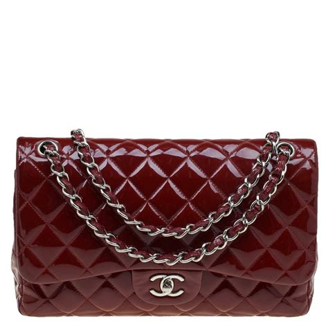 Chanel Burgundy Quilted Patent Leather Jumbo Classic Double Flap Bag