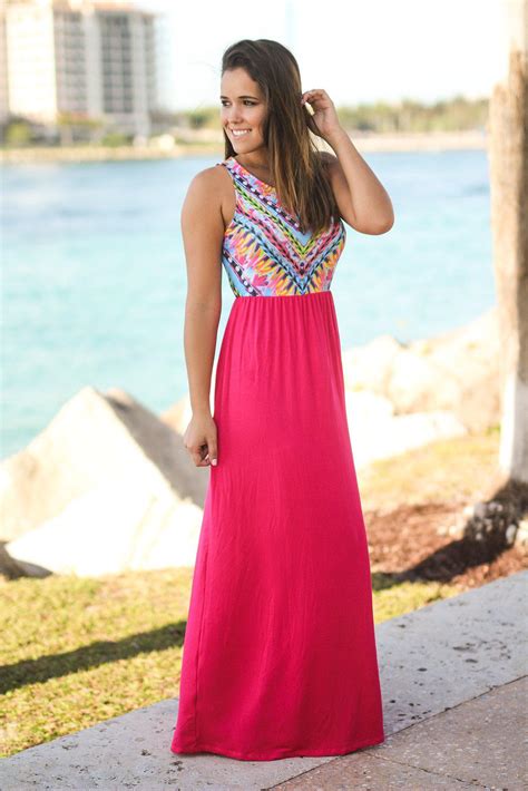 Hot Pink Maxi Dress With Printed Top Maxi Dresses Saved By The Dress