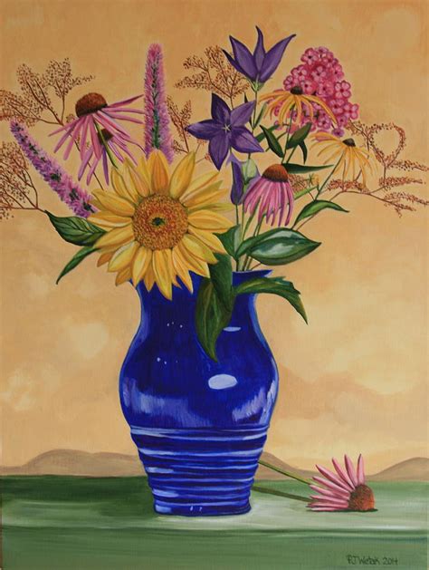 Blue Vase Of Flowers Painting By Pj Wetak Fine Art America