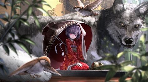 1434x800 Anime Anime Girls Wolf Kimono Original Characters Birds Cup