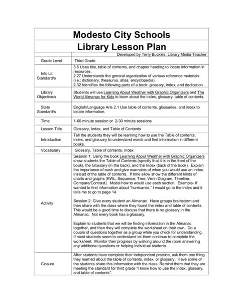 Glossary Index And Table Of Contents Lesson Plan For 4th Grade