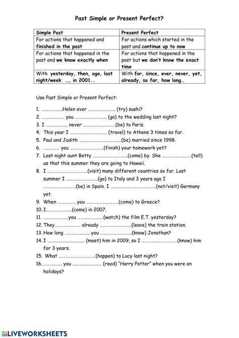 Present Perfect Or Past Simple Online Worksheet For 4 You Can Do The