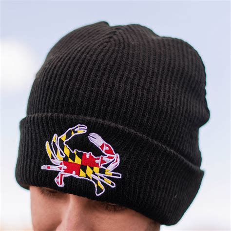 Embroidered Maryland Full Flag Crab Black Slouchy Knit Beanie Cap