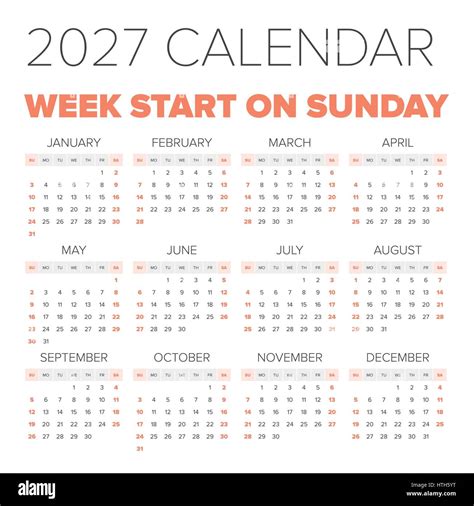 Simple 2027 Year Calendar Week Starts On Monday Stock Vector Image