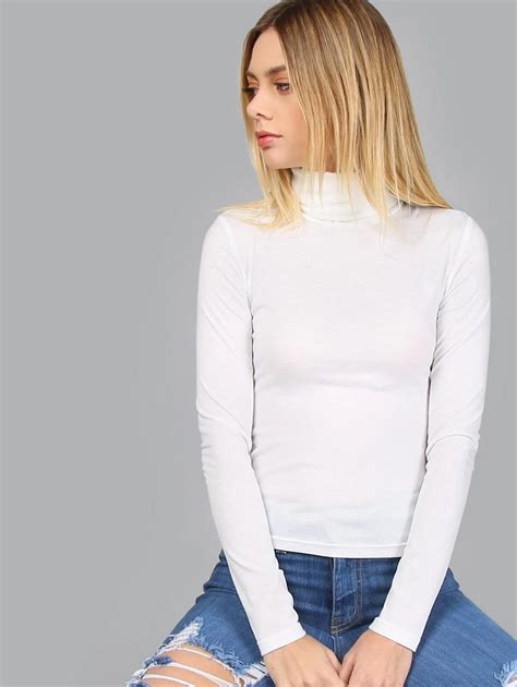 Size Small White Turtleneck Long Sleeve Slim Fit T Shirt Romwe