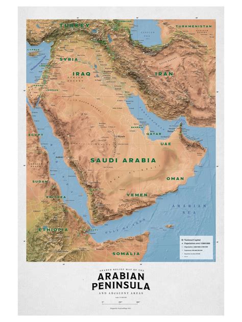 Arabian Peninsula Topographic Map Map Of Arabian Peninsula Etsy