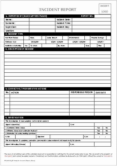 An Incident Report Is Shown In The Form Of A Document With Information