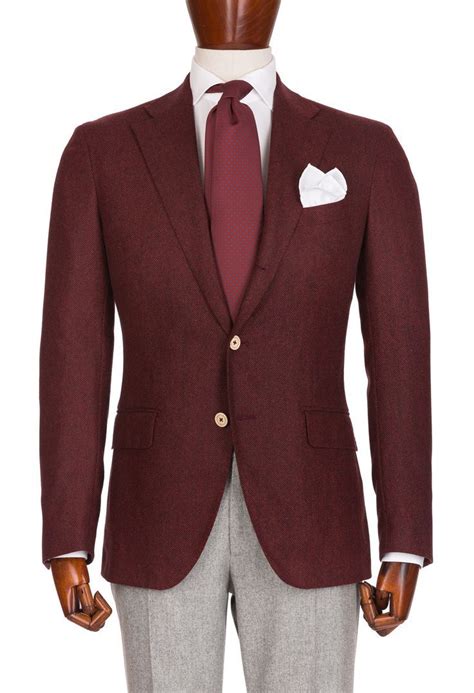 Finding the right accessories for an outfit can be challenging; Burgundy jacket with light gray pants | Men's Style ...