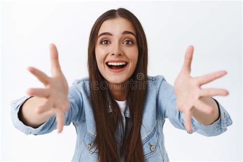 Headshot Of Tender And Feminine Dreamy Coquettish Woman In Denim Jacket Tilt Head Clasp Hands