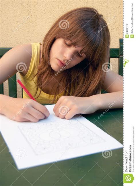 Teenage Girl Drawing On The Paper Stock Image Image Of Pencil Table