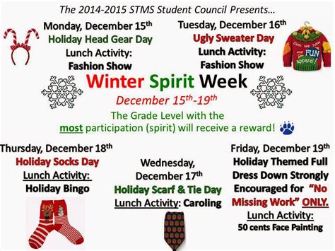 Each year we take this week and make it into christmas spirit week! STMS Class of 2015: Winter Spirit Week