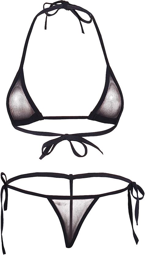 Ttao Womens Sheer Mesh Bikini Lingerie Bra Self Tie Halter Set We