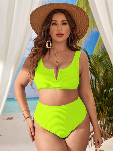 Shein Swim Vcay Plus Neon Lime V Wire Bikini Swimsuit Shein Usa