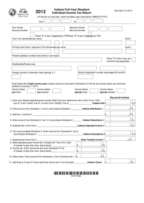 Fillable Form It 40 Indiana Full Year Resident Individual Income Tax