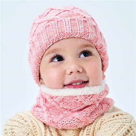 2pcsset Baby Hat Scarf Set Pompom Knit Winter Hat Warm Children Bonnet