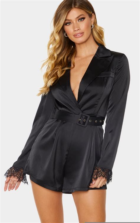 Black Satin Lace Trim Belted Playsuit Prettylittlething