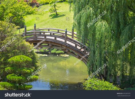 Beautiful Japanese Garden Pond Bridge Stock Photo