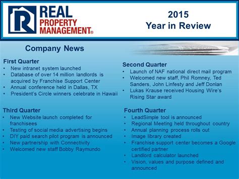 Property owners and real estate investors typically hire property. 2015 Year in Review: Real Property Management Franchise