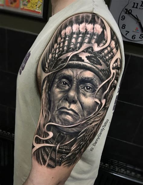 Indian Chief Mens Realism Tattoo Part Of A Black And Grey Ongoing Sleeve Native American