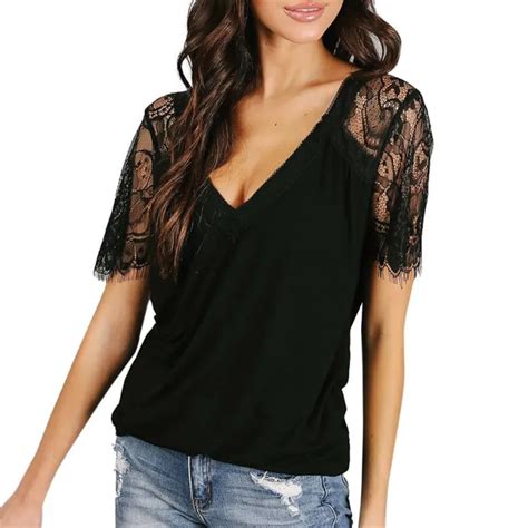 Womail Fashion Blouse Women Lace Up Short Sleeve Blouses Deep V Neck Sexy Lace Blouses Tops