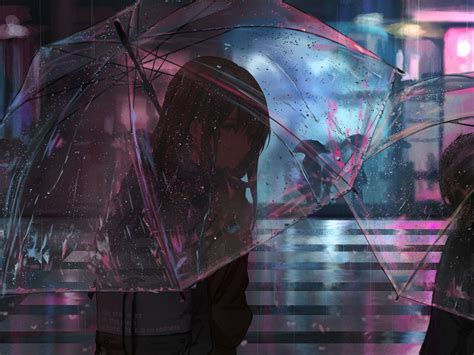 Download Wallpaper 1400x1050 Girl Umbrella Anime Rain