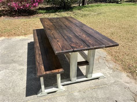 Rustic 7ft Pedestal Farmhouse Table With Long Bench Esspresso Etsy