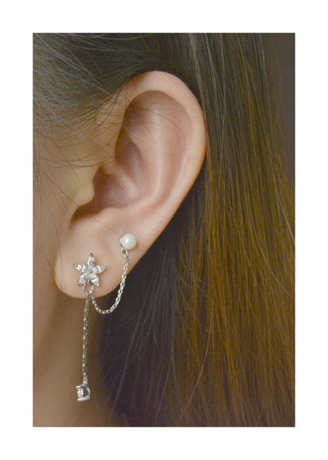 Flower And Pearl Double Piercing Earring Surgical Stainless Steel Post Zirconia Double Earring