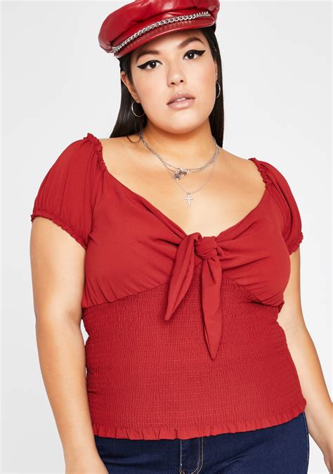 Plus Size Tie Front Smocked Bodice Top Red Dolls Kill