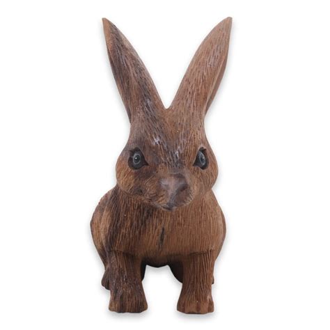 Wooden Rabbit Statuette Carved By Hand In Bali Long Haired Ginger