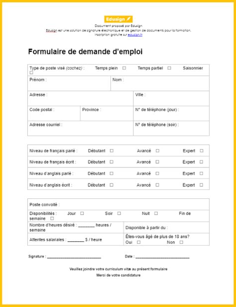 formulaire de demande d emploi modèle gratuit en format word pdf edusign