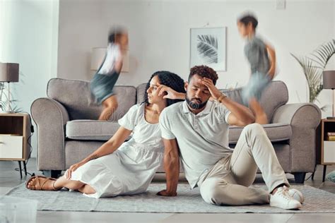 Stress Tired And Parents With Adhd Kids Playing On Couch Making Mom