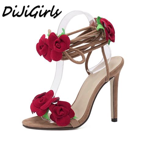 dijigirls new women classics fashion cross tied sandals high heels shoes woman roses flower