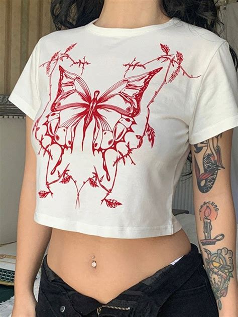 Emmiol Free Shipping 2023 Butterfly Print White Crop Top White M In