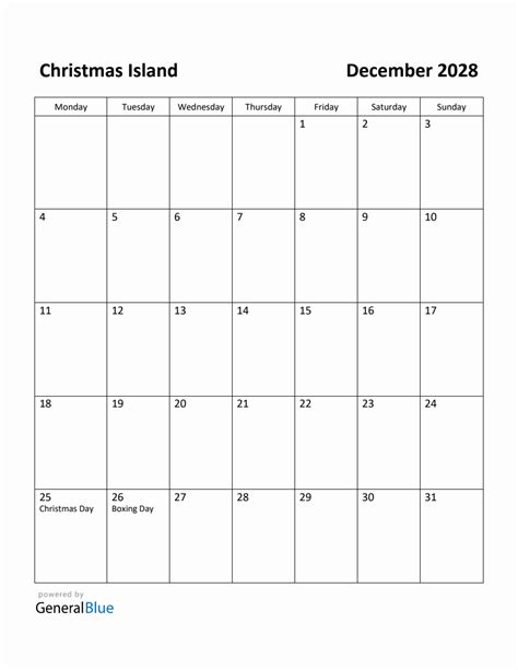Free Printable December 2028 Calendar For Christmas Island