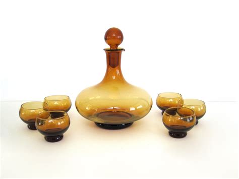 Vintage Amber Glass Decanter Set Mod Cordial Glasses Shot Liquor Aperitif Pour Spout Mid Century