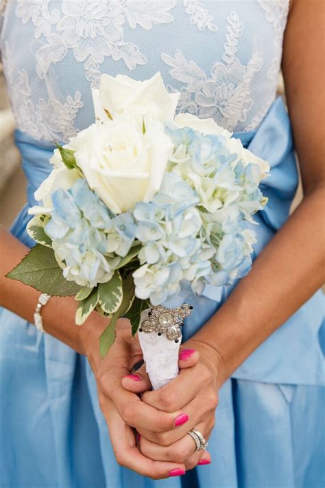 White Rose And Blue Hydrangea Bridesmaid Bouquet
