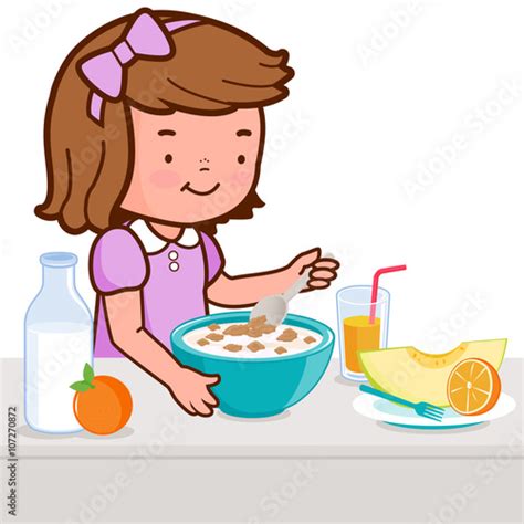 A Girl Is Having Her Breakfast Of Cereal Milk Juice And Fruits