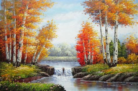 Riverside Autumn Time Golden Aspen Forest Scenery Oil Painting