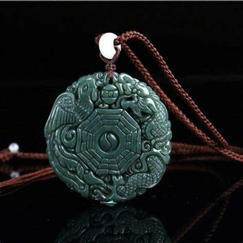 Natural Green Hetian Jades Pendant 3D Carved Round BaGua With Dragon