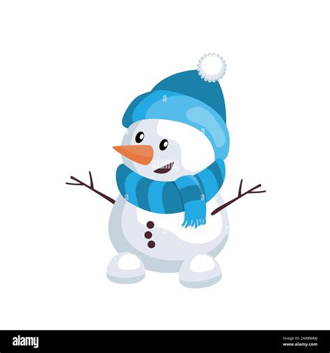 Little Snowman In Blue Beanie And Scarf Cute Cartoon Vector
