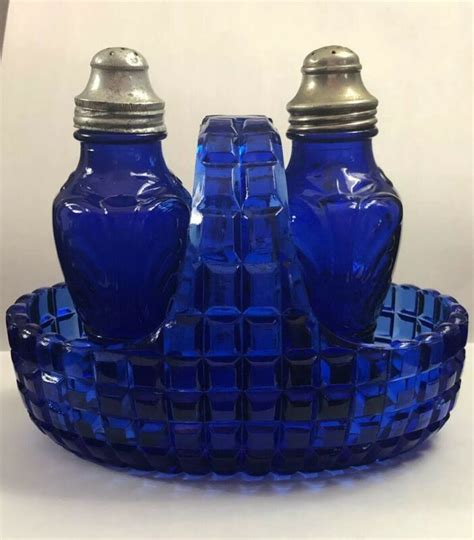Vintage Hazel Atlas Cobalt Blue Glass Salt Pepper Shakers With Basket